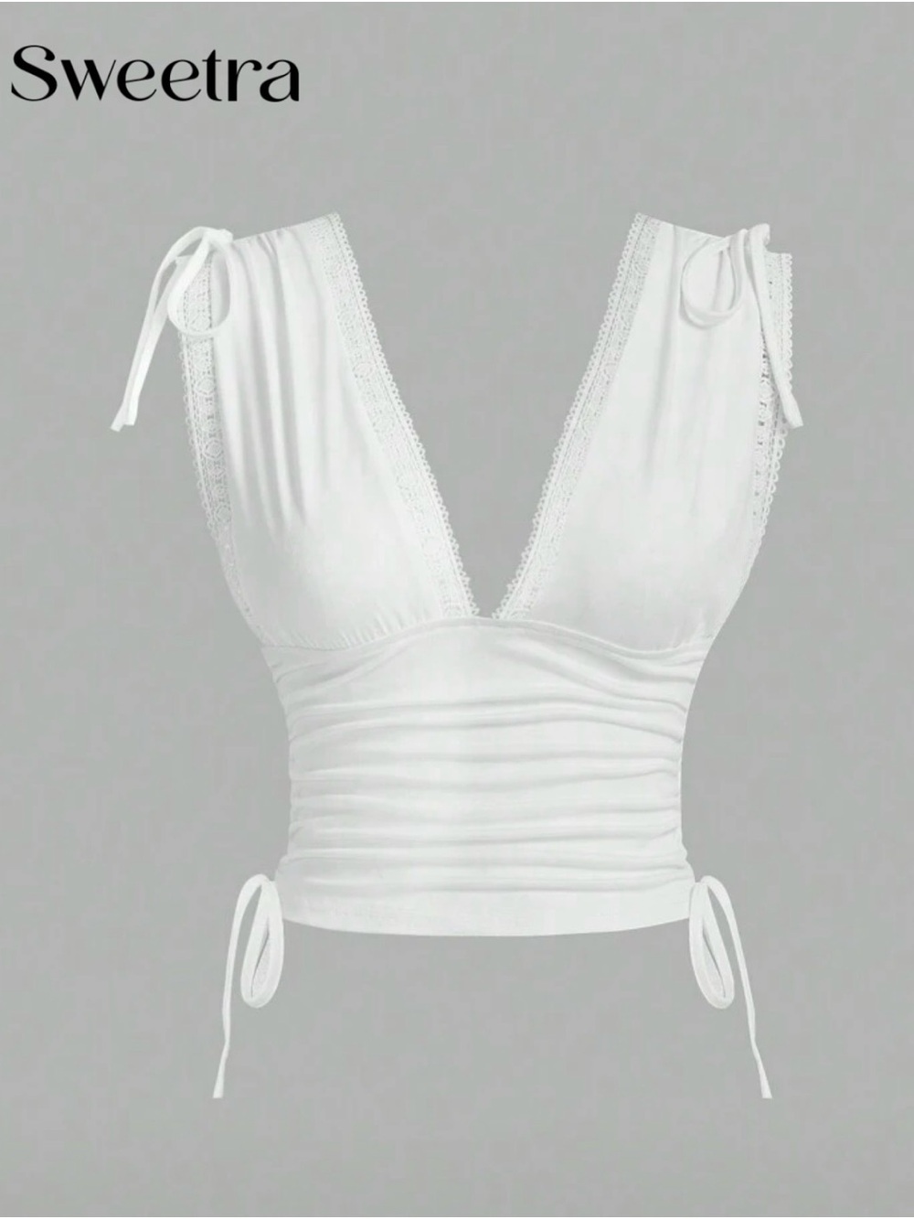 SHEIN White Lace-Trim Tie-Shoulder Ruched V-Neck Camisole